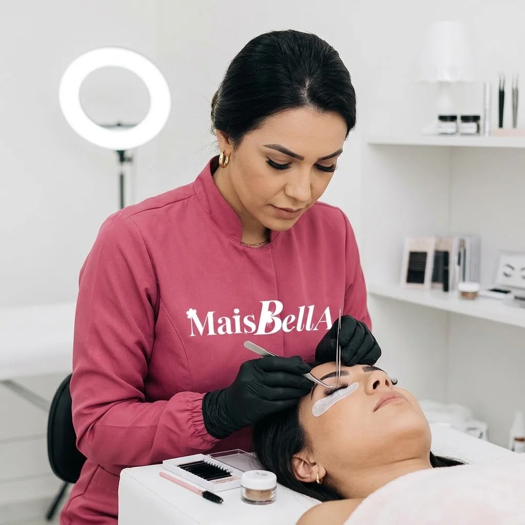 Lash designer aplicando extensão de cílios