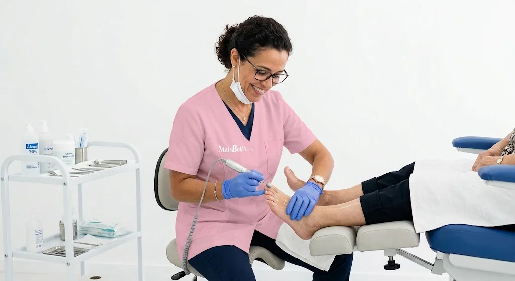 Podóloga cuidando dos pés de uma cliente