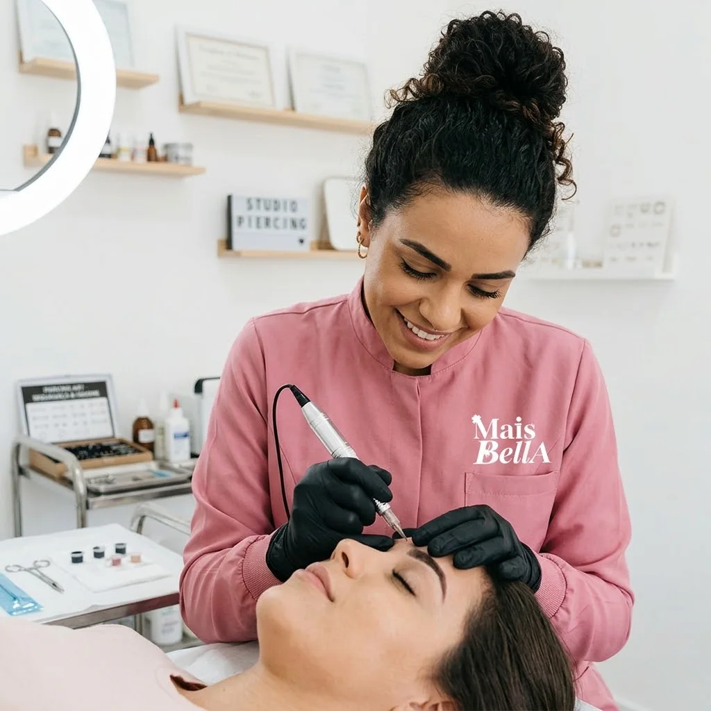 Profissional de uniforme MaisBella fazendo micropigmentação de sobrancelha