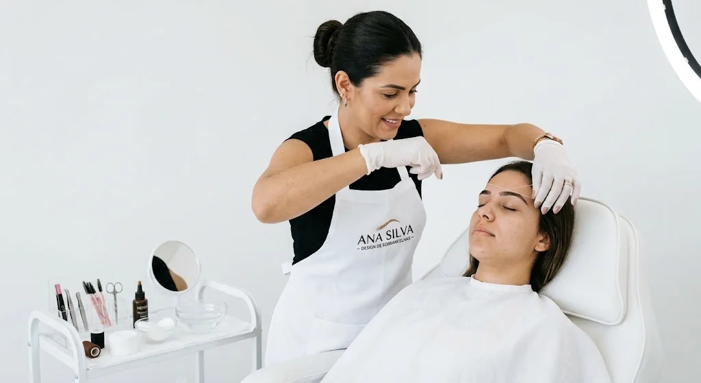 Designer de sobrancelhas atendendo cliente